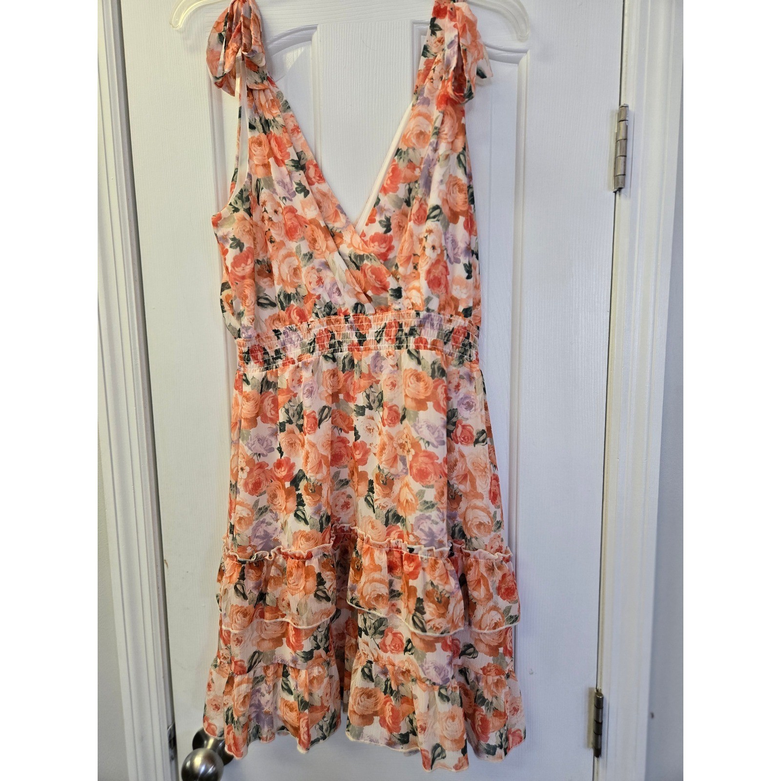 Peach Love California Duncan Dress Orange Floral Smocked Tiered Mini Dress Large