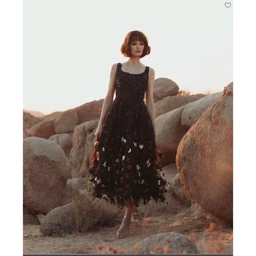 NEW Mag Duggal Sequin Floral Appliqué 3D FlowersBlack Midi Dress Size 10