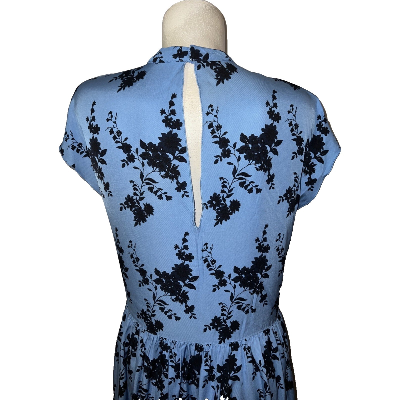Samsoe Samsoe Blue Floral High Neck Keyhole Back Drop Waist Mini Dress Womens M
