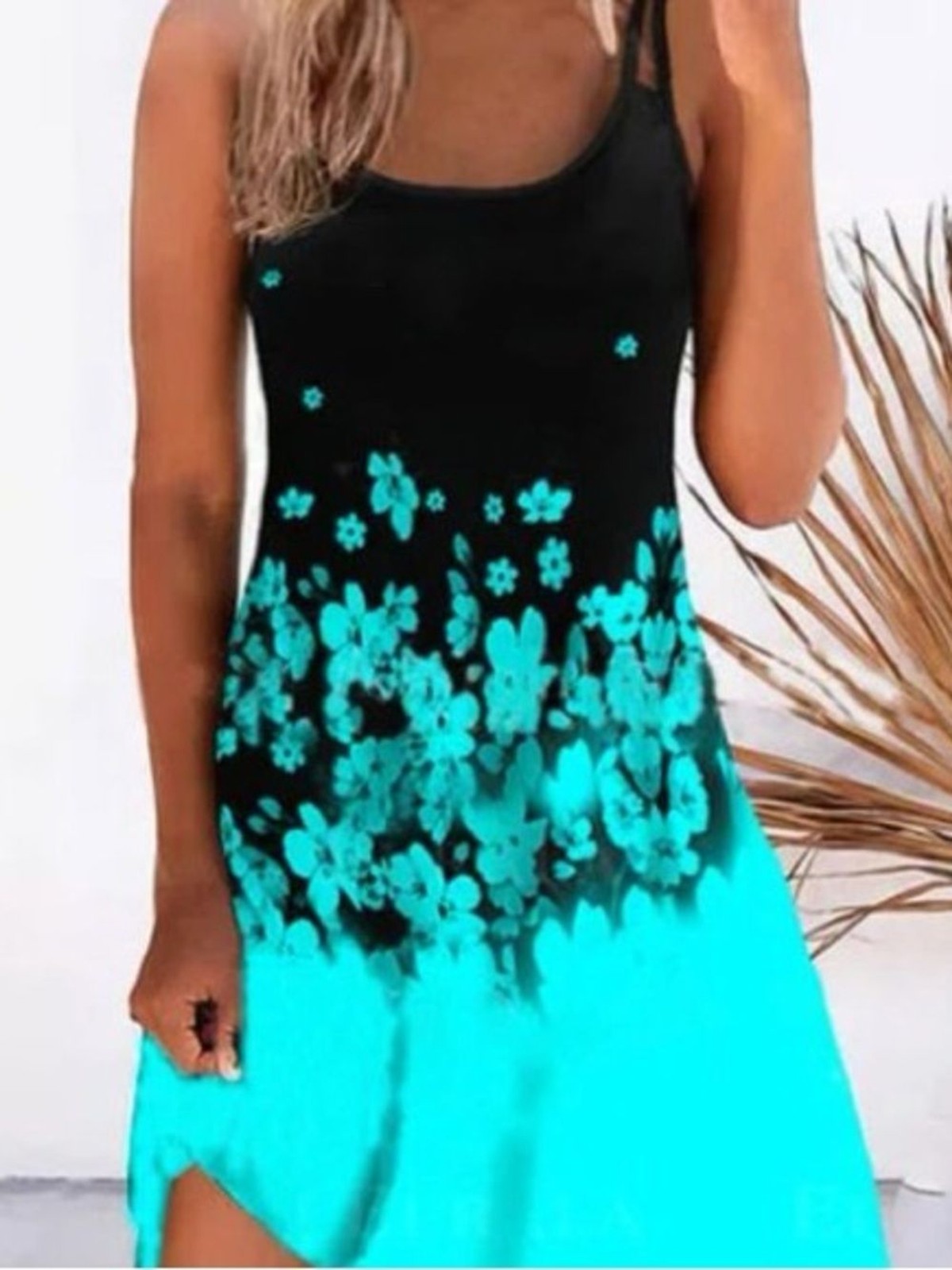 Black Blue Floral Tank Dress Women’s Large Sleeveless A-Line Sundress