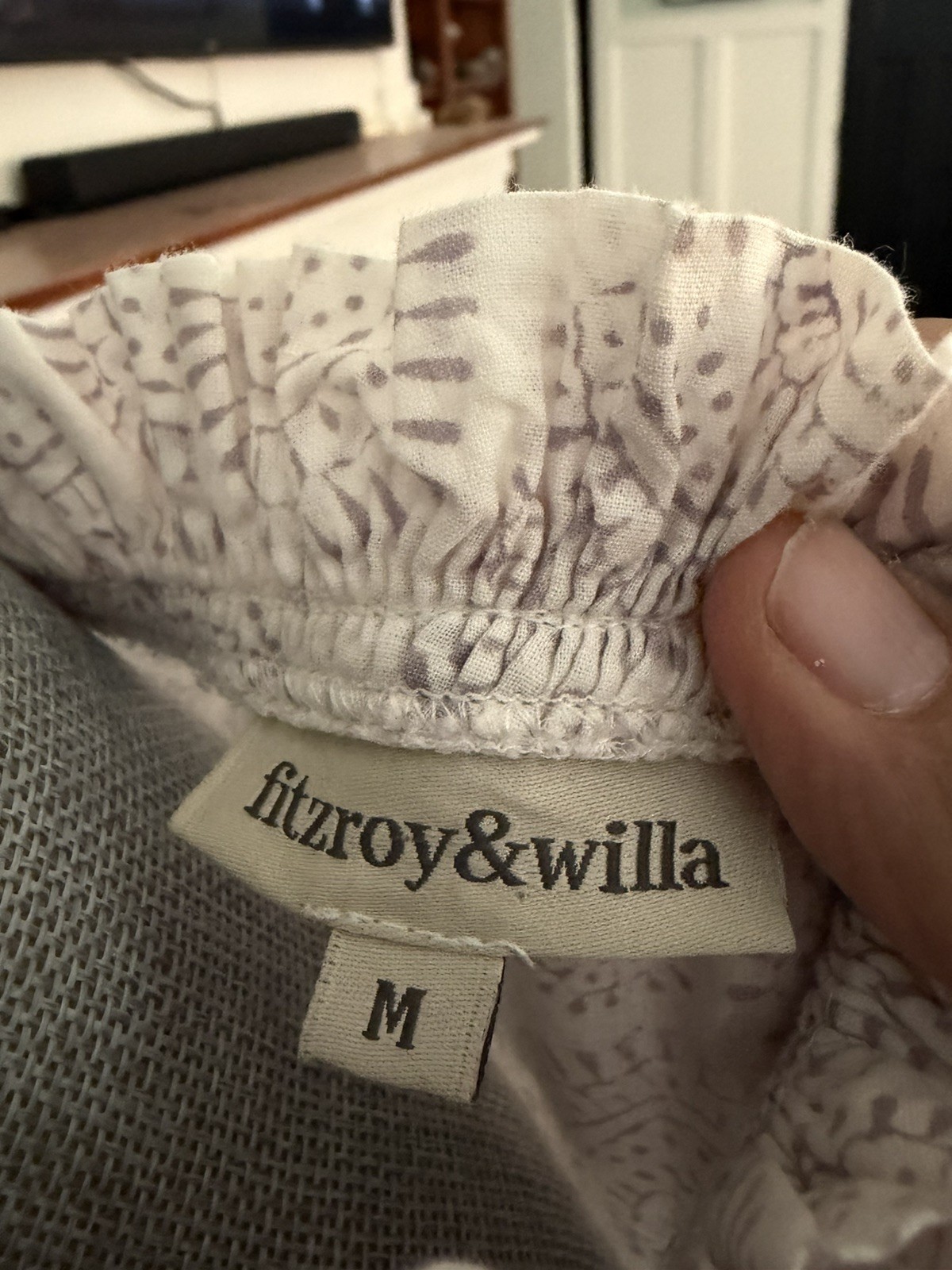 Fitzroy & Willa white pattern Block Print Cotton Ruffle Maxi Dress M 100% Cotton