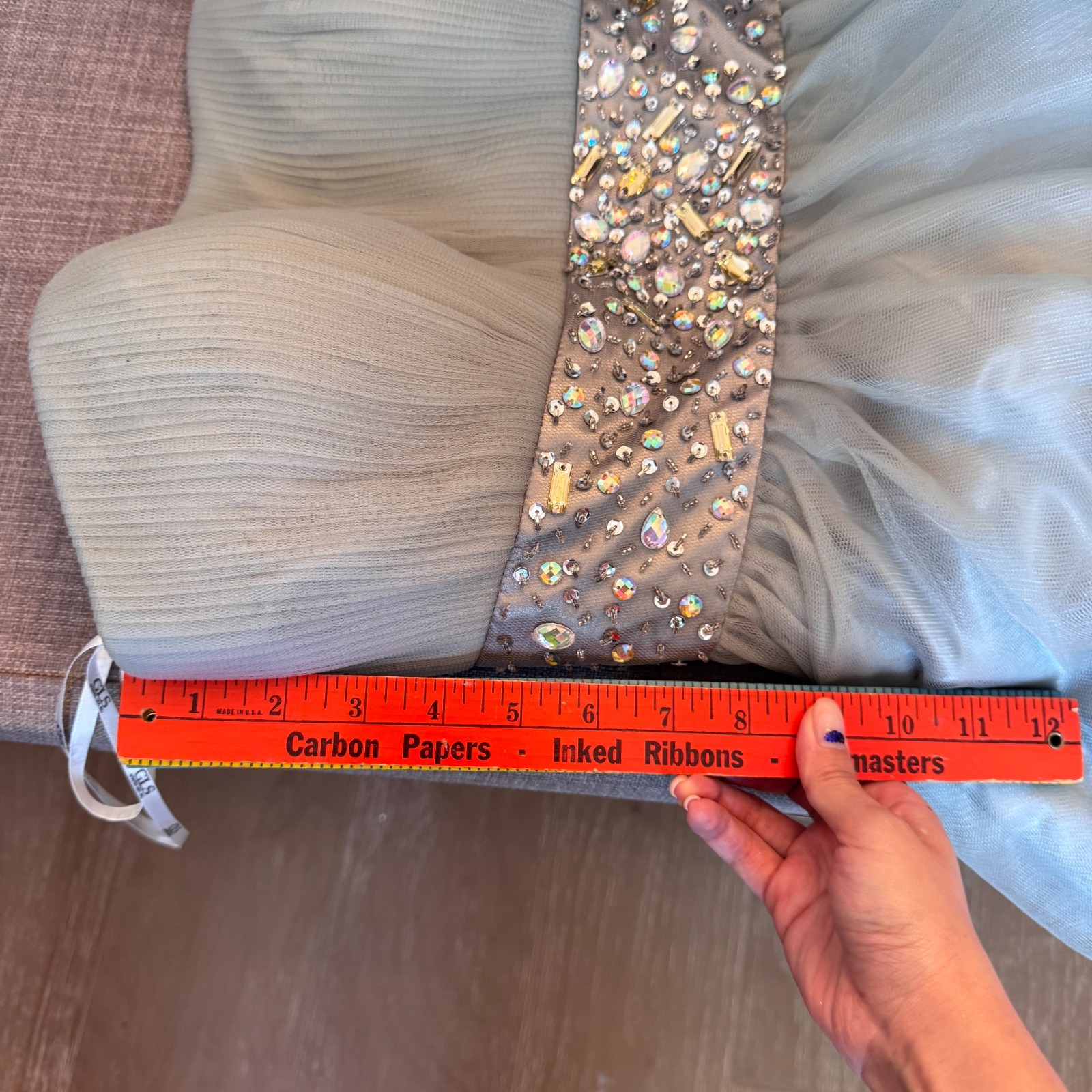 NWT GLS Limited Edition Strapless Beaded Tulle Prom Party Dress L Sage Gray