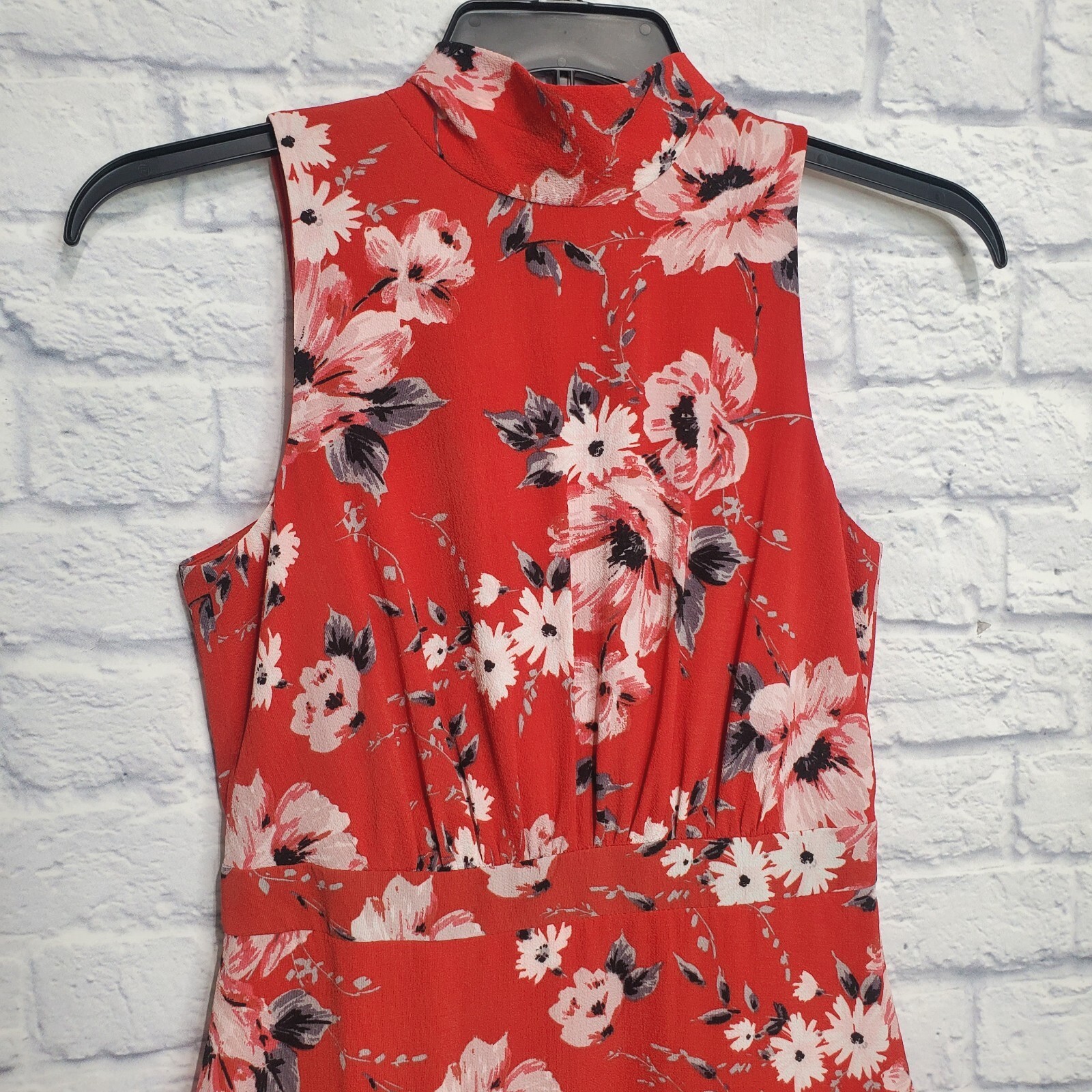 Elle Dress Womens Small Red Floral High Neck Ruffle Sleeveless Back Tie Summer