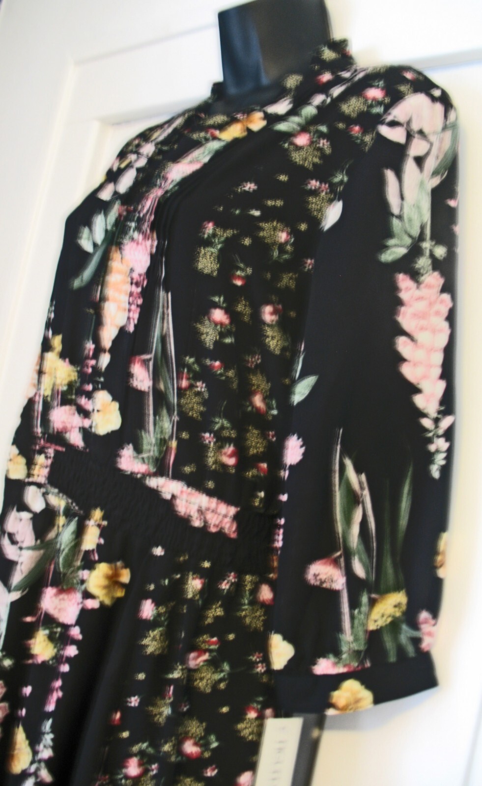 NWT FIGUEROA & FLOWER PEASANT Boho Dress Long Sl Small Black Floral