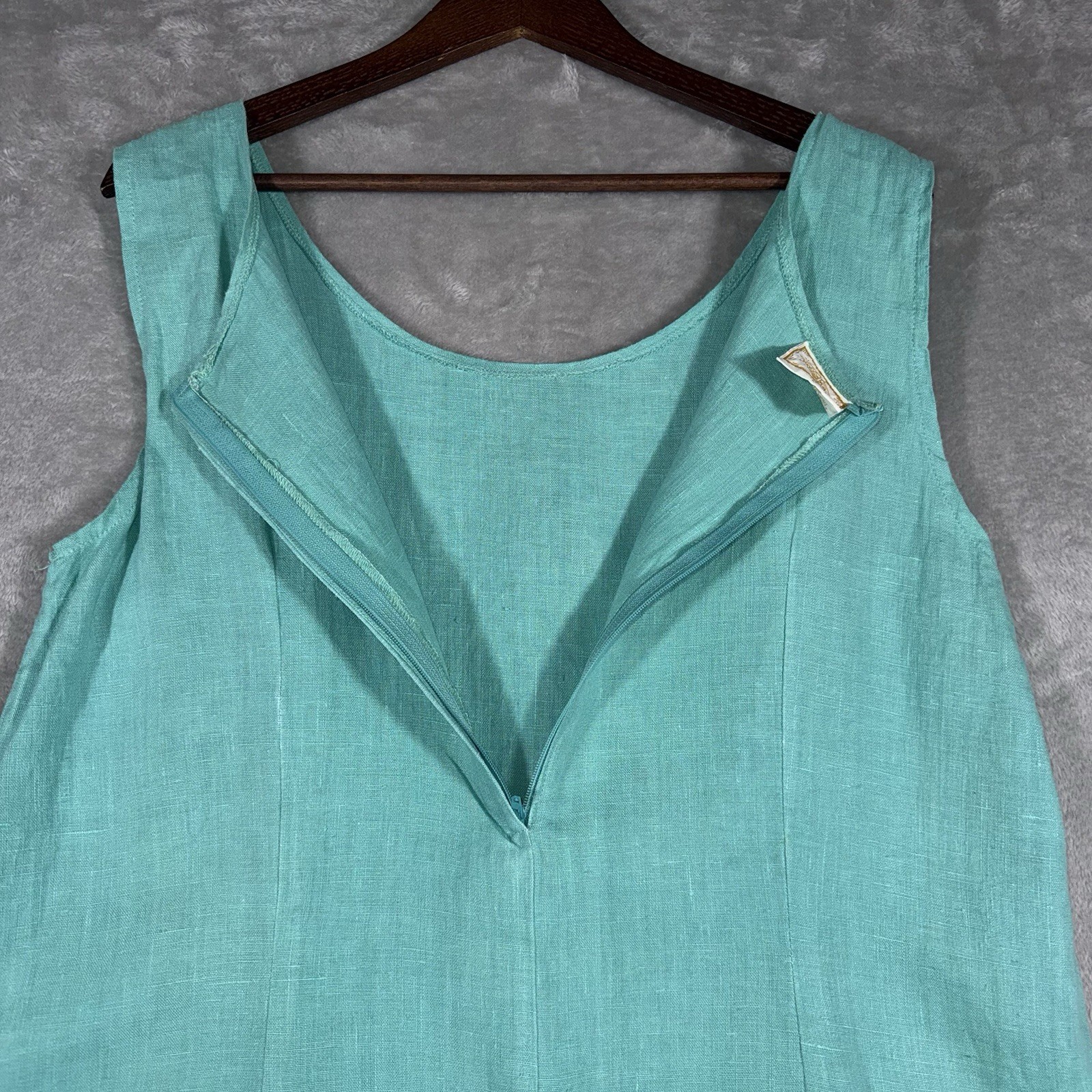 Tom Tom Maxi Dress Womens Large Aqua Linen Made In USA Vintage Boho Classic Chic