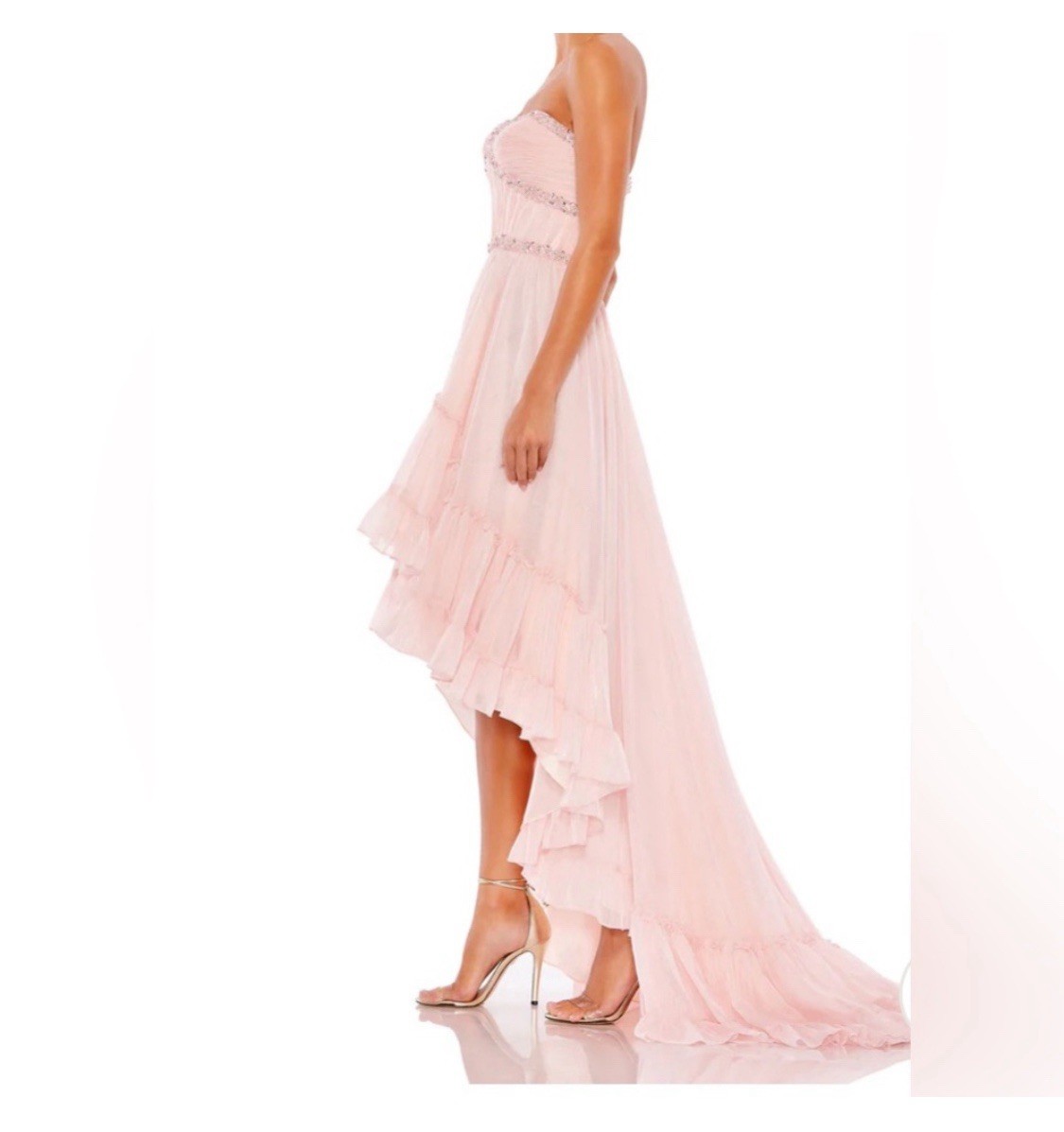 Mac Duggal Strapless Beaded Ruffle High Low Prom Gown in Ice Pink Sz 6 Princess