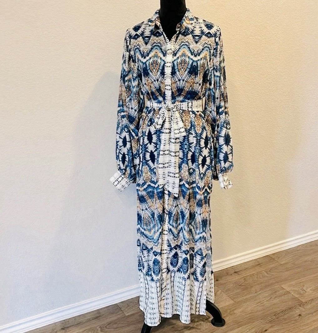 Flying Tomato Womens Size Large Boho Patchwork Maxi Button Front Shirt Dress