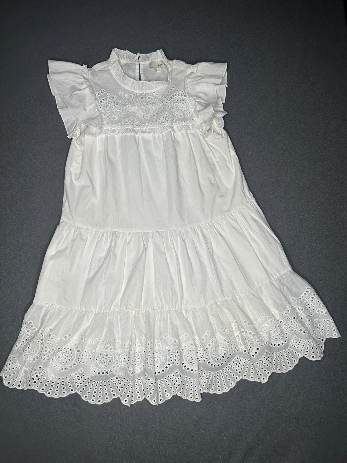PINCH Womens Medium White Eyelet Embroidered Tiered Mini Dress Flutter Sleeve