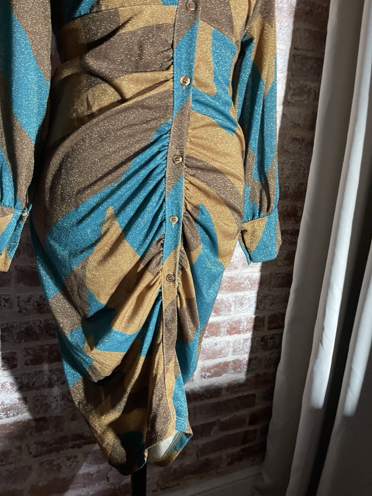 New! Venti6 Turquoise Brown Chevron Sparkle Ruched Button Midi Dress Long Sleeve