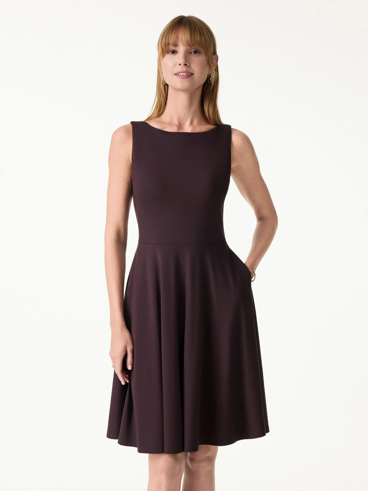 Stretchy Boatneck Fit-and-Flare Mini Bra Dress with Pockets-OGLmove|118859