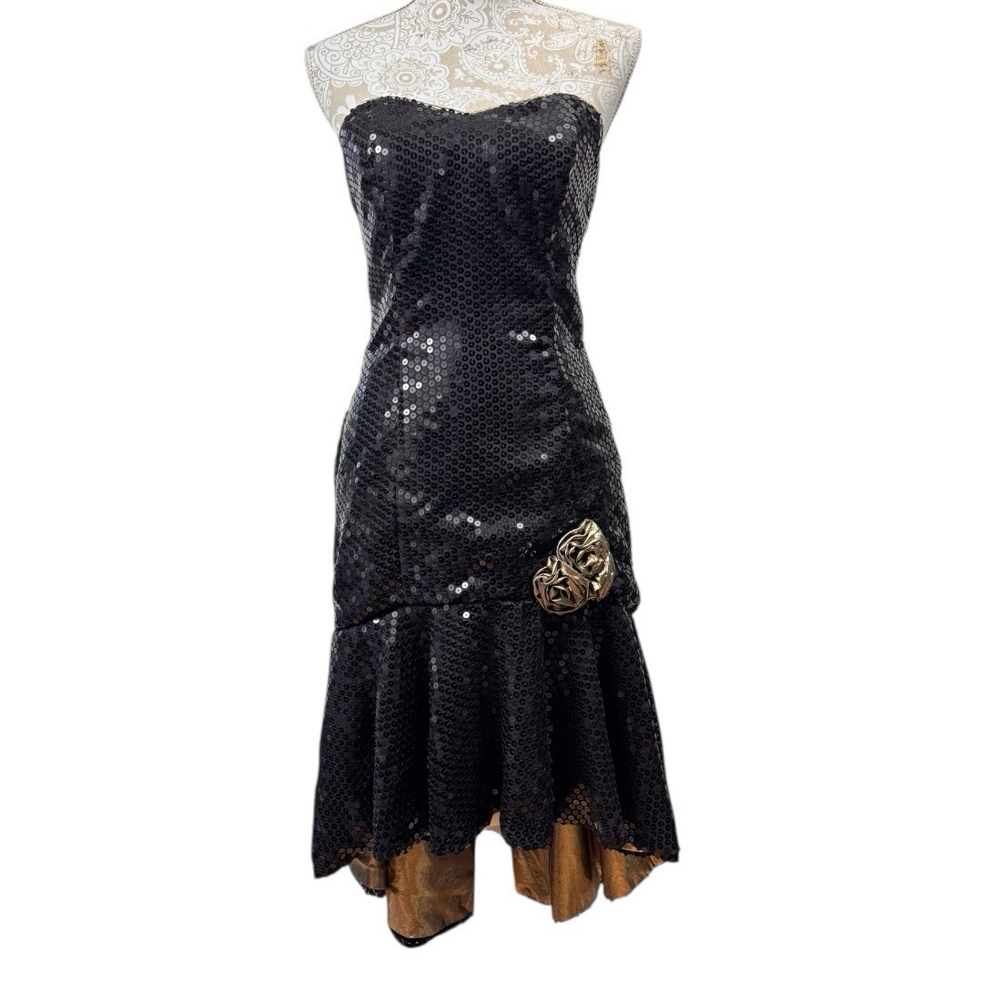 Vintage 80s Size 7/8 Black Sequins Gold Lame Hi Lo Mermaid Midi Dress Strapless