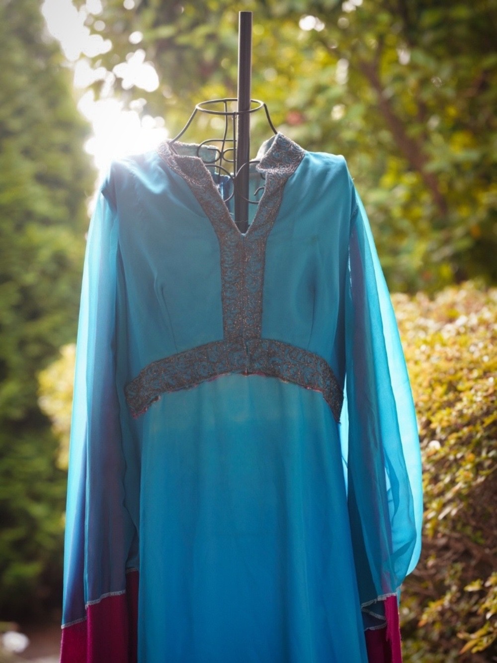 Turquoise Blue Beaded Kaftan Caftan Dress Long Sleeve Formal Boho M/L