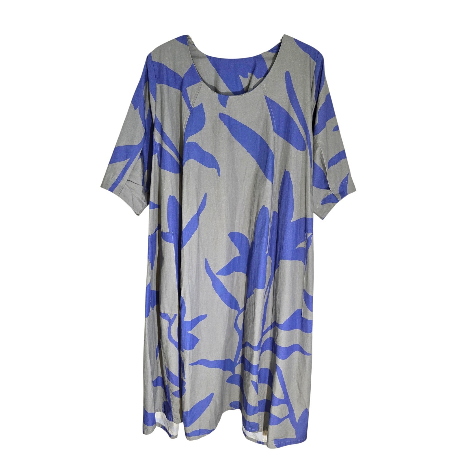 Gershon Bram Grey Blue Abstract Leaf Print Cotton Lagenlook Shift Dress Size M