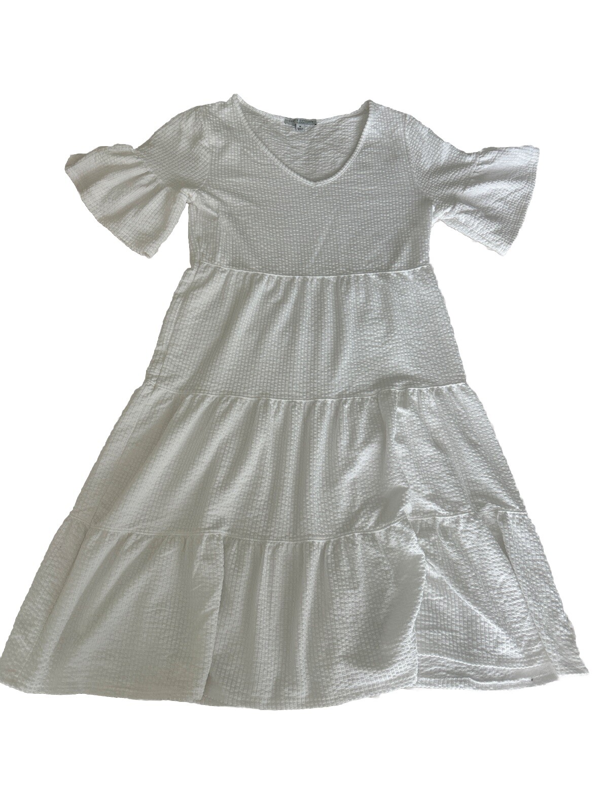 Green Envelope White Tiered Dress Women Medium Short Sleeve Casual Midi