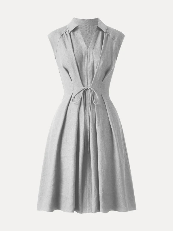 OGL – Viscose-Linen Collared V-neck Midi Dress with Drawstring