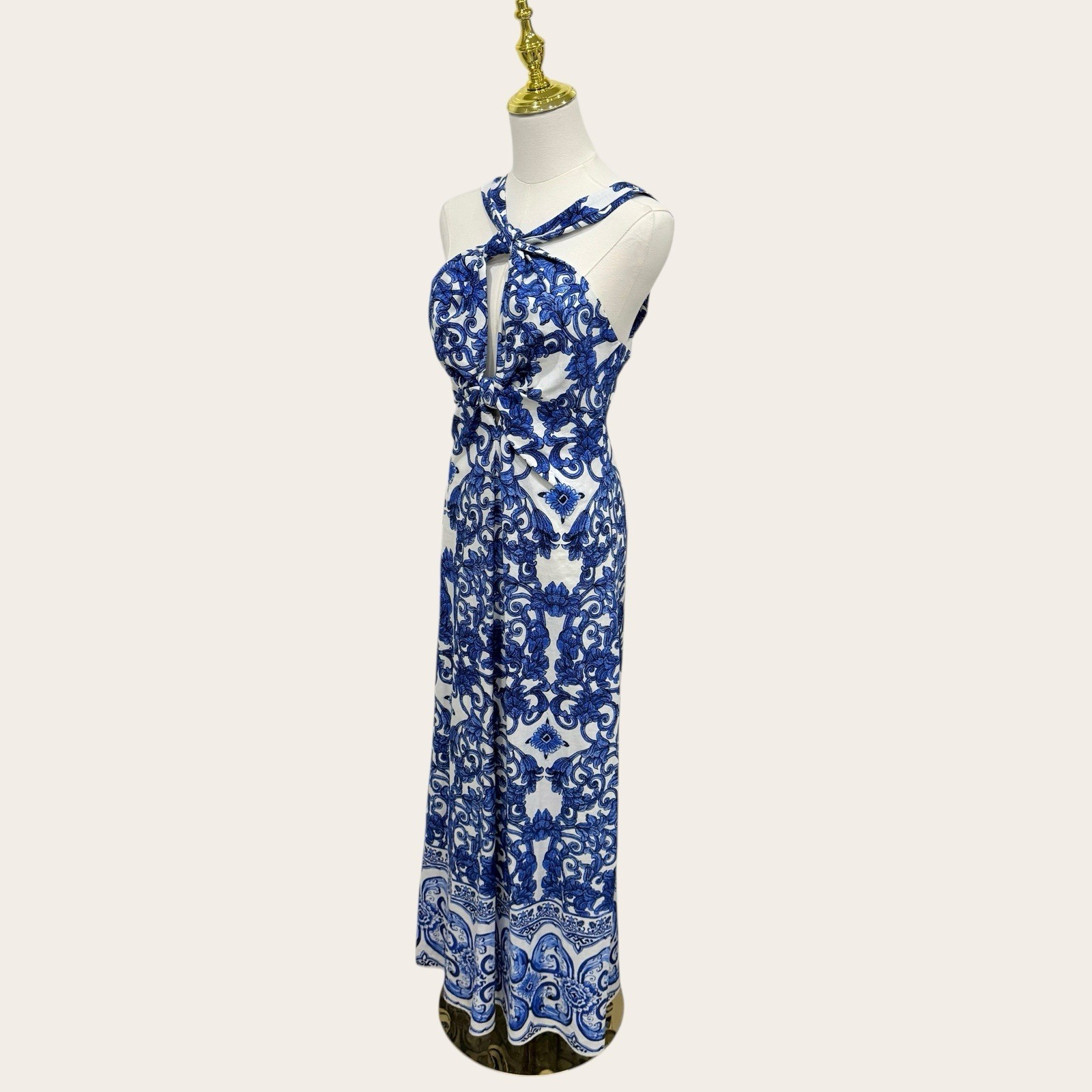 Antonio Melani Bronwyn Blue Tile Print Linen Blend A-Line Halter Maxi Dress SZ 4