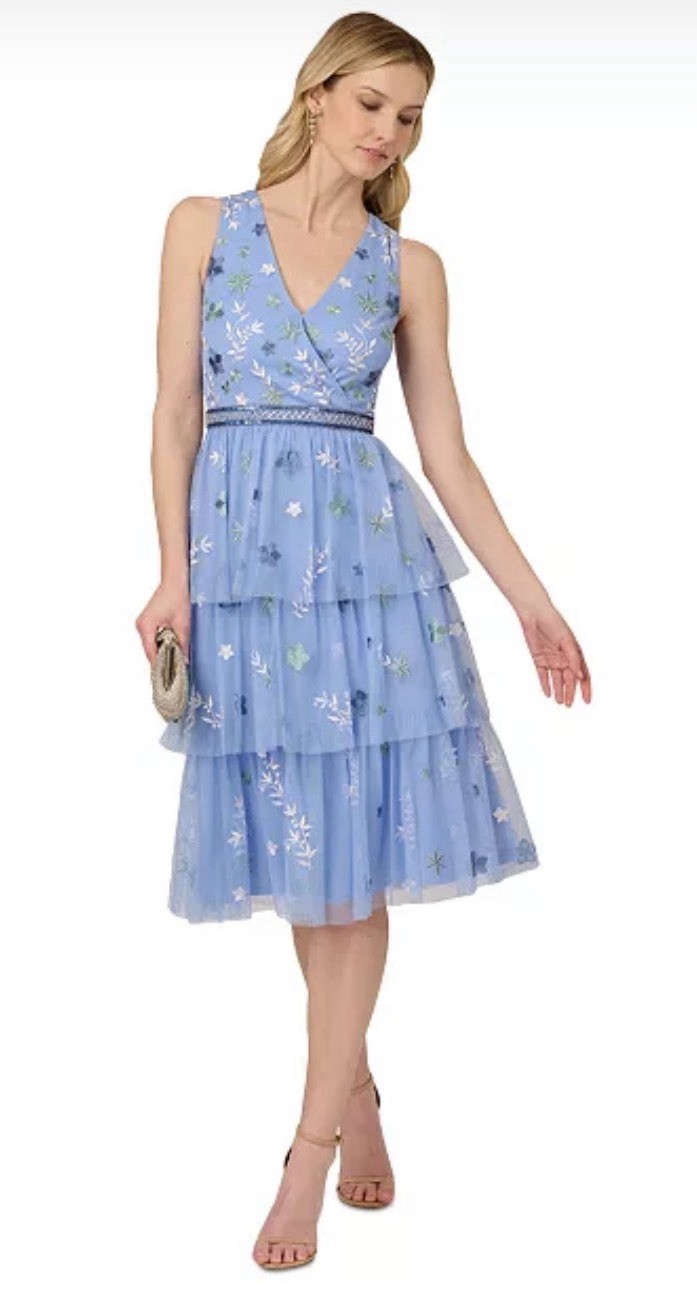 Adrianna Papell Beaded Tiered Mesh Dress Blue Womens Size 14 Floral Embroidered