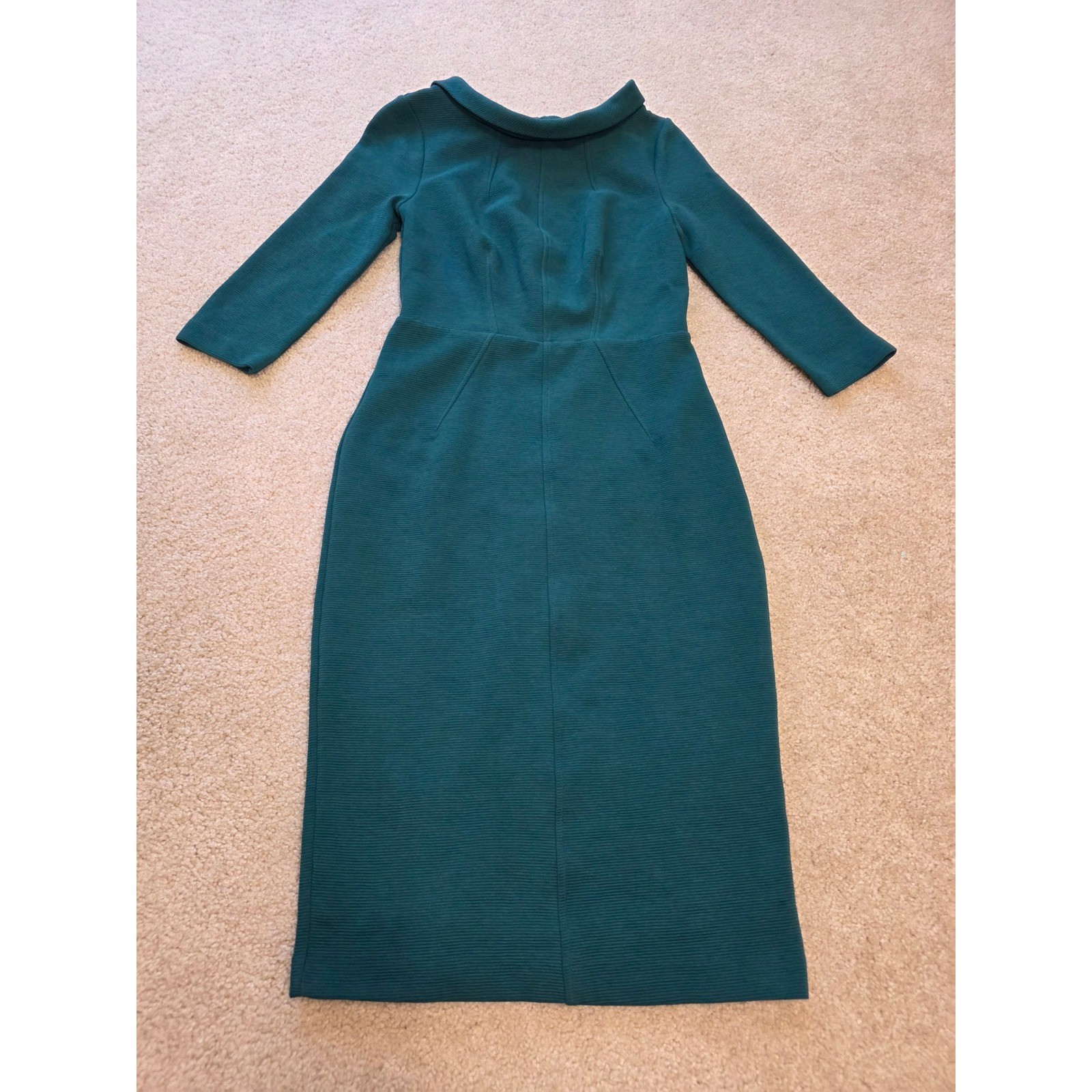 Boden Textured Teal Green Portrait Collar Midi Sheath Dress Gold Back Zip 3/4 Sl