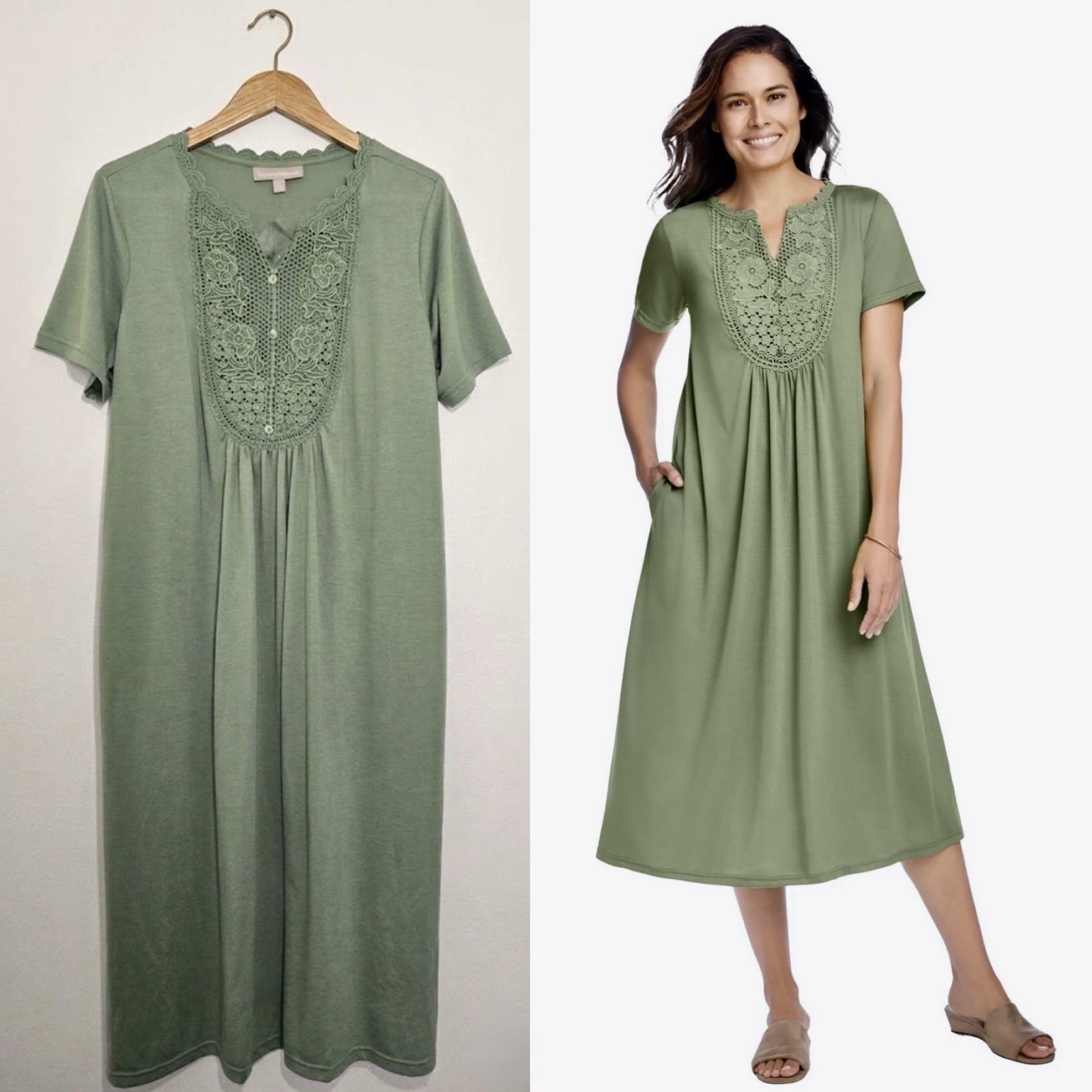 Woman Within Embroidered Lace Comfy Midi Dress 26/28 2X Sage Green Casual Lounge