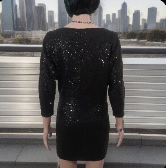 Black Sequin Dress (SIZE TAG MISSING) Bust 32in Length 30in Boat Neck 3/4 Sleeve