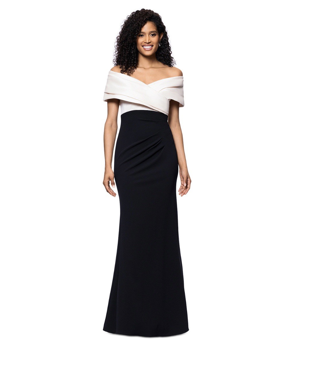 Betsy & Adam Off the Shoulder Scuba Crepe Gown Champagne/ Black NWT 6P