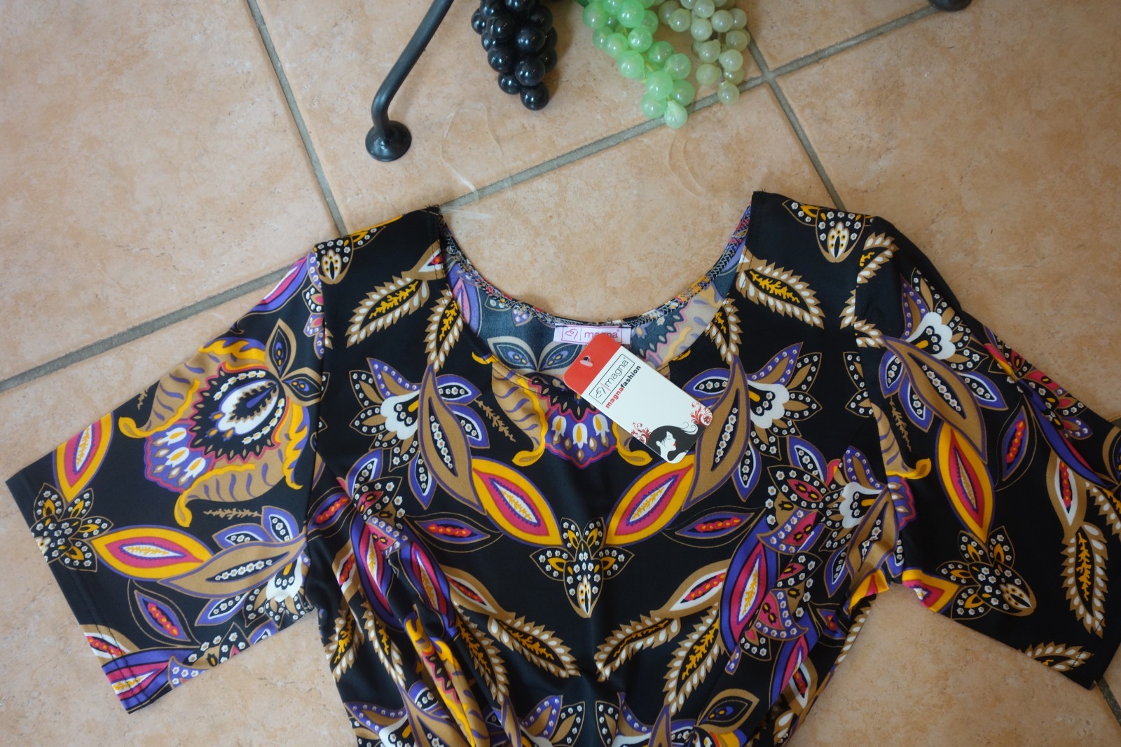 Magna summer dress 48 50 new black Multicoloured Floral Leaves Stretch A Line LAGENLOOK