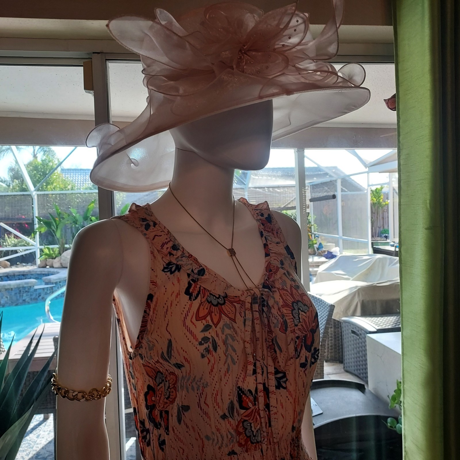 Sky and Sand Peach Floral Sleeveless Midi Dress Ruffle Tie Smocked with Hat.