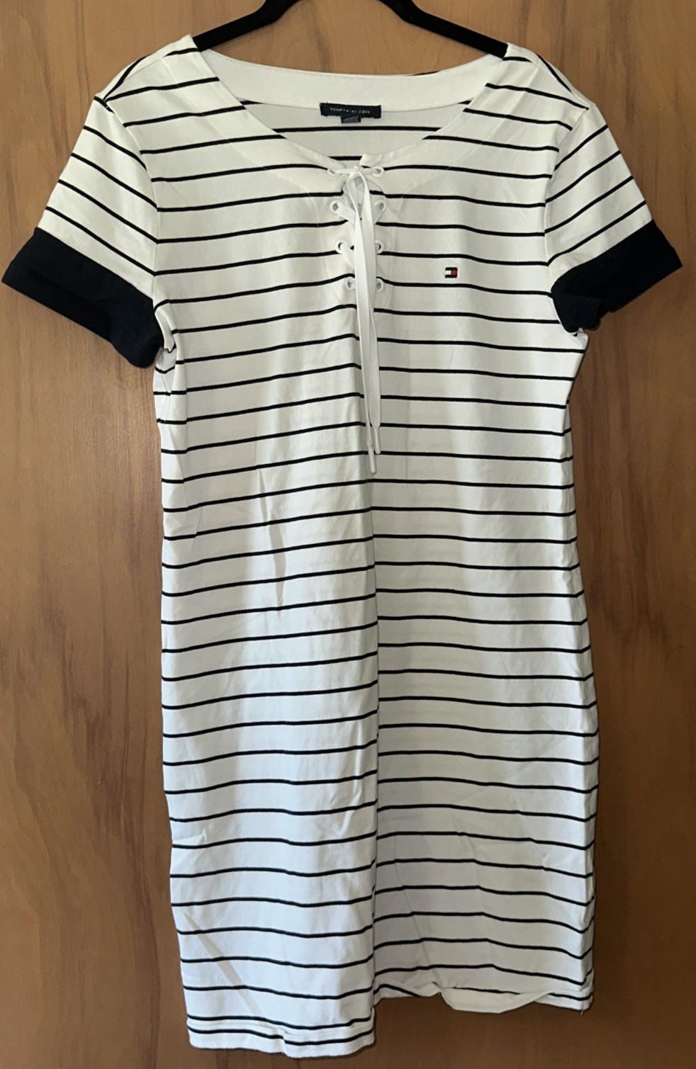 Tommy Hilfiger Striped Lace Up T-Shirt Dress White Navy Short Sleeve Size M