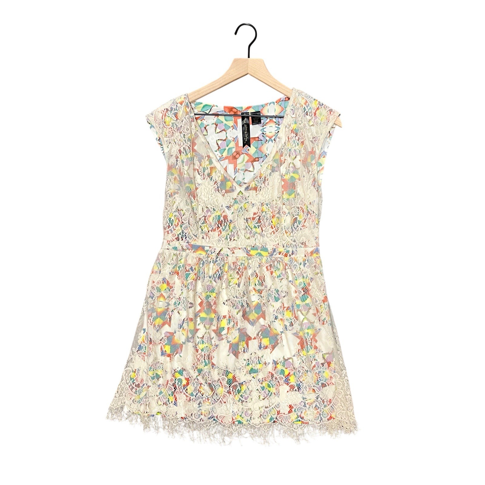 Petticoat Alley Multicolor Lace Fringe Sleeveless Short A-Line Dress Size S