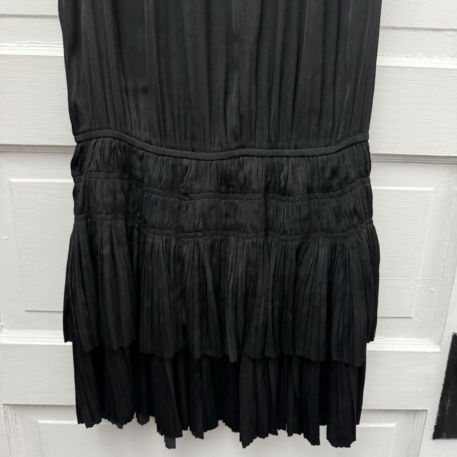 Current Air Black Pleated Ruffle Dress Size S Tie Neck Tiered Mini Boho