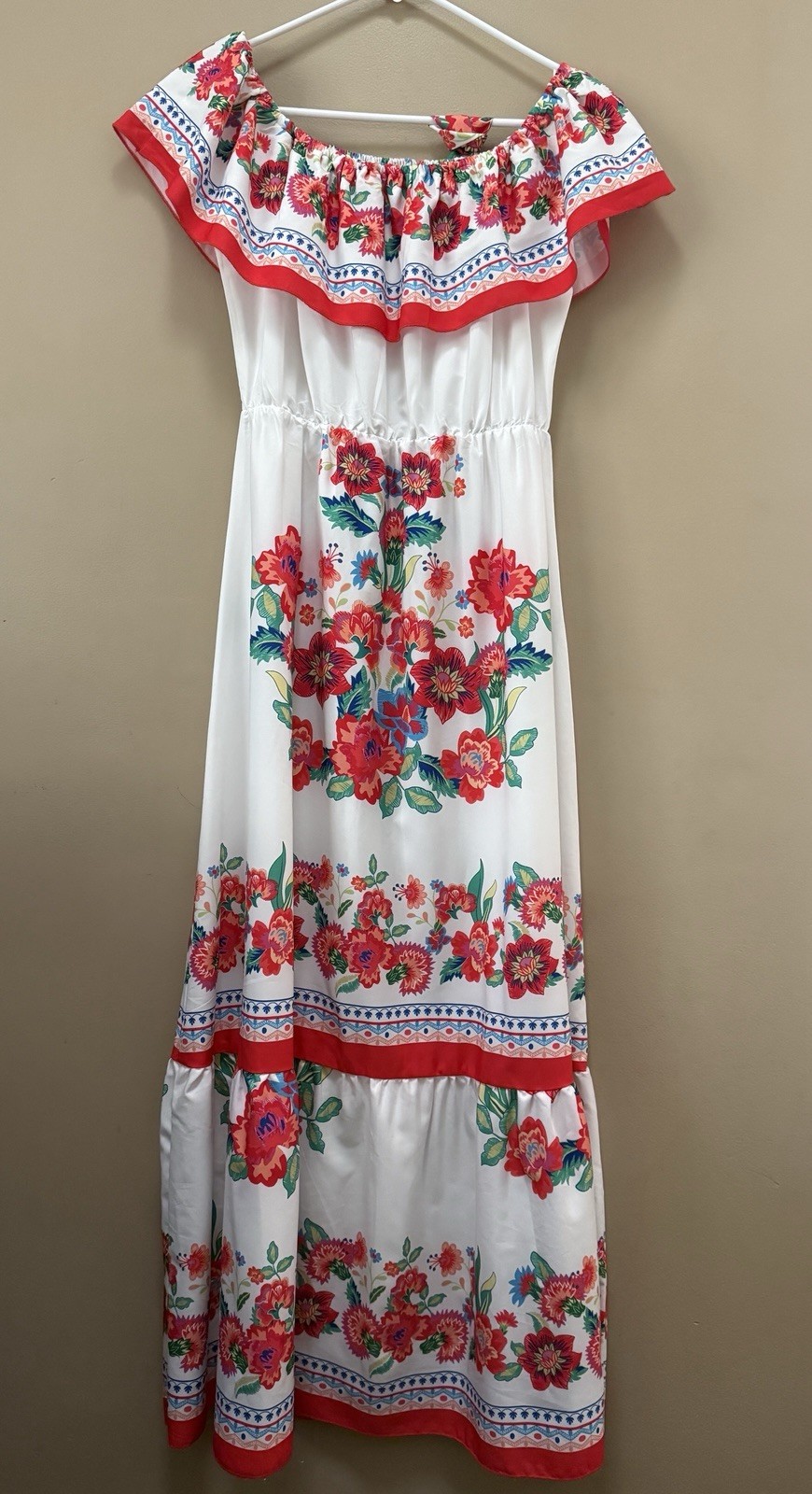 Boture Women’s White Red Blue Green Floral Off Shoulder Ruffle Midi Dress Sz M