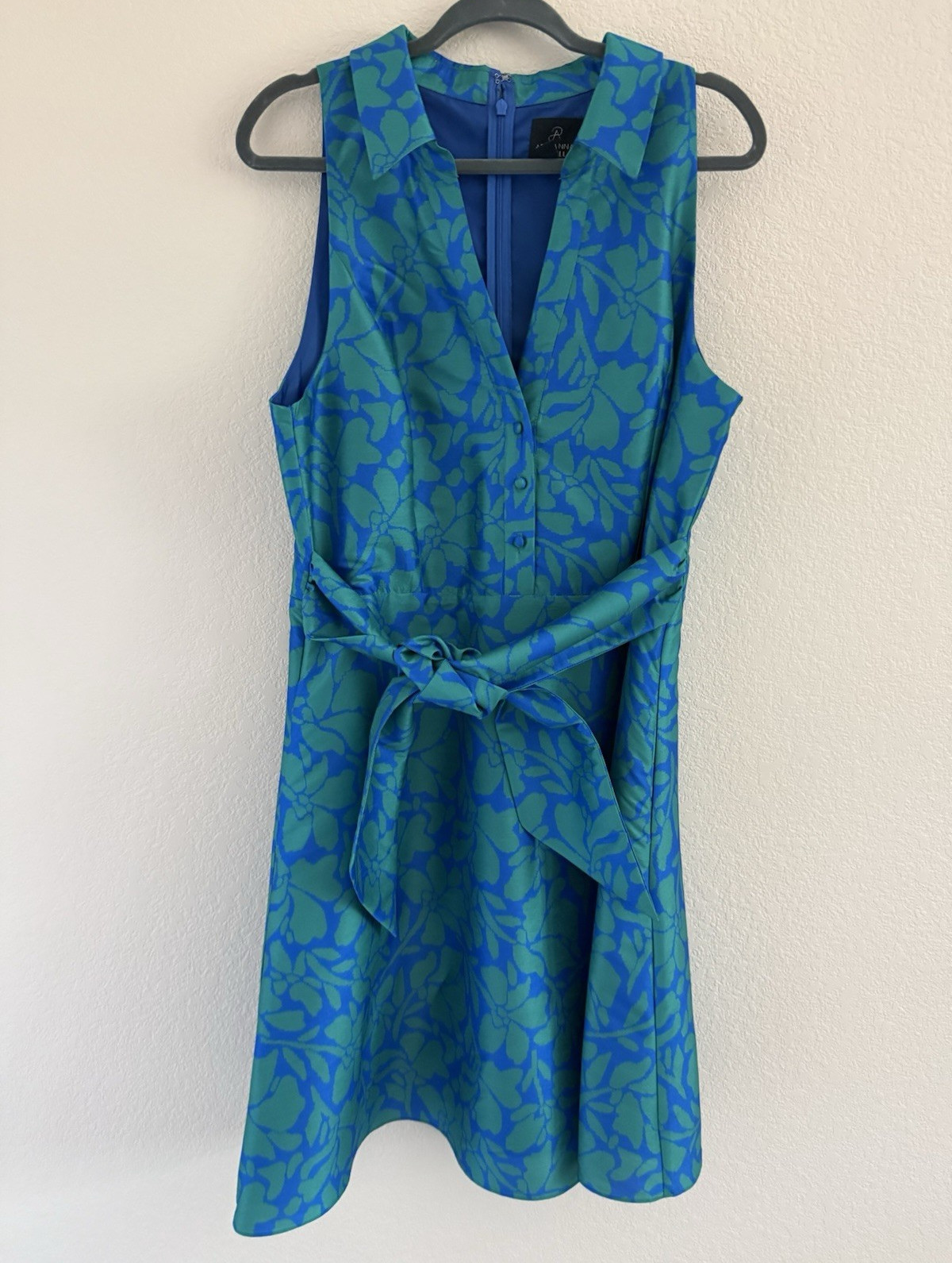 Adrianna Papell Blue/Green Floral Fit & Flare Collared Sleeveless Zip Dress 14