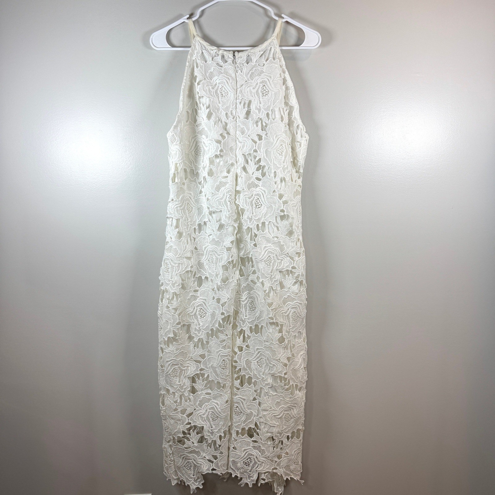 White Floral Guipure Lace Halter Midi Dress Sheath Bridal Whimsical Romantic M