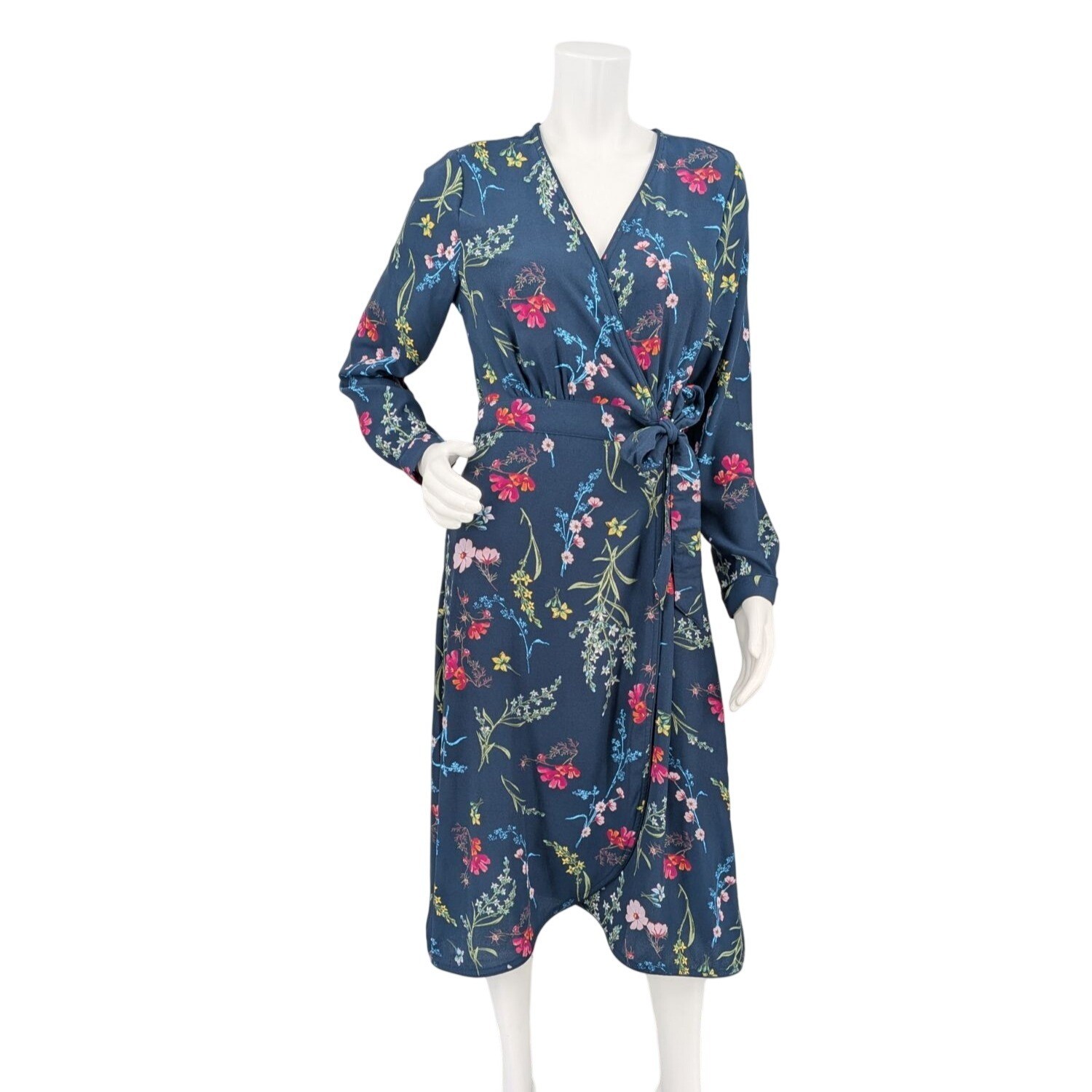 Floral Wrap Midi Dress Cottage Long Sleeve Tie Waist Cottage Office Vacay Medium