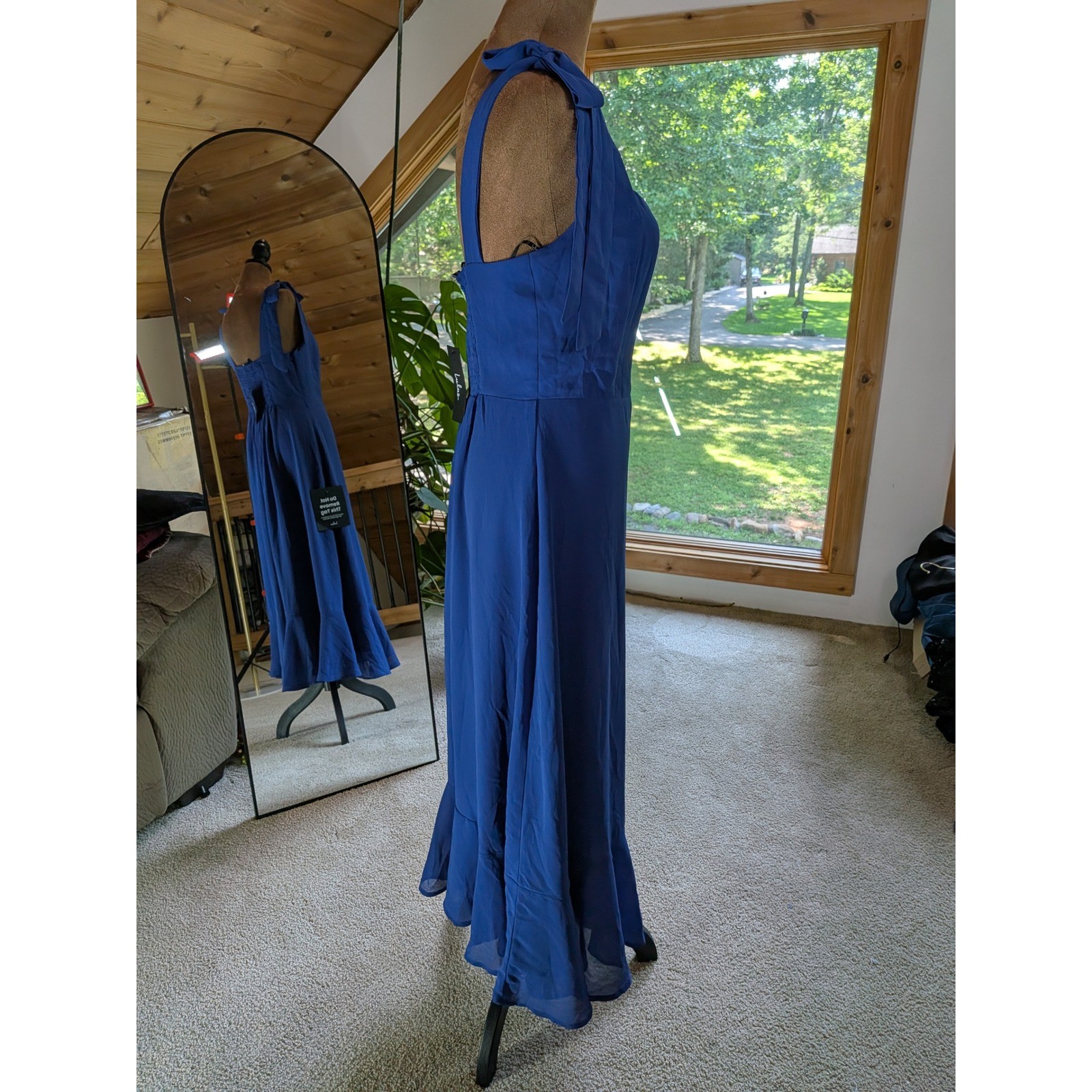 Lulus Royal Blue Tie-Strap Ruffle Hem Smocked Midi Dress Womens Medium NWT