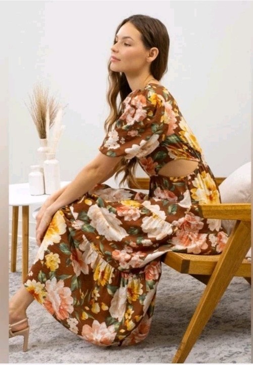 Anthro by the River Floral Puff Sleeve Cut-Out Midi Dress S Regular A-Line Maxi