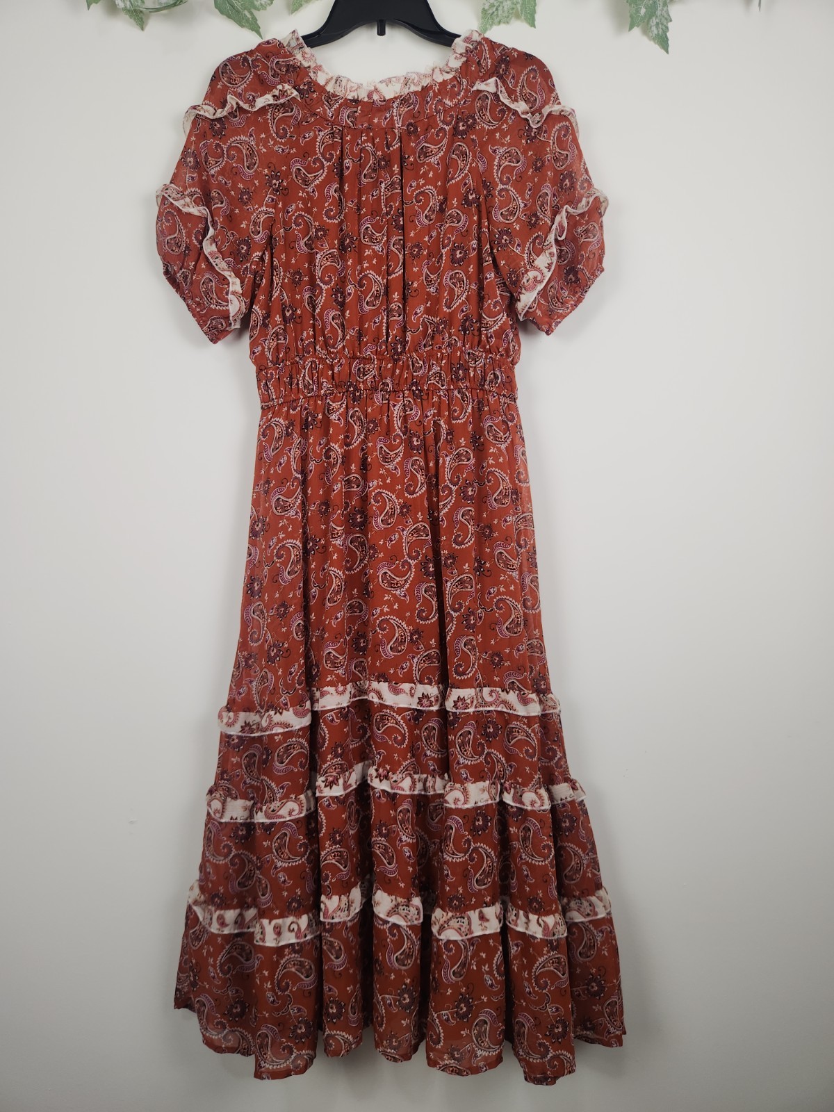 By The River Size M Rust Brown Paisley Floral Elastic Waist Boho Ruffle Dress