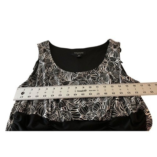 Perceptions Black White Floral Leaf Sleeveless Midi Dress Ruched Waist Sz 16W 1X