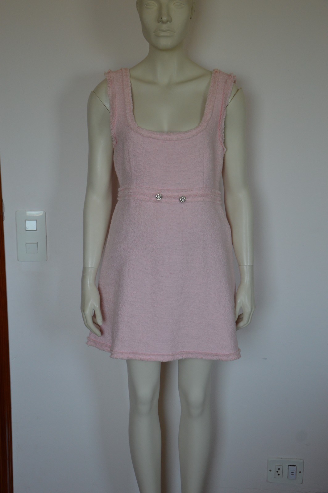 ZARA Pink Fitted Frayed Trims Tweed Boucle Gem Stone Button Mini Dress LARGE L