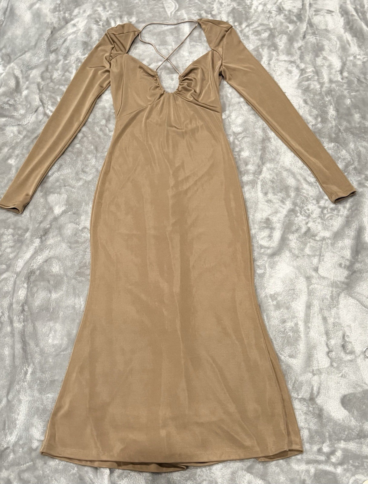 Jason Wu XS Tan Open Back Long Sleeve Maxi Dress Ruched Stretch Bodycon