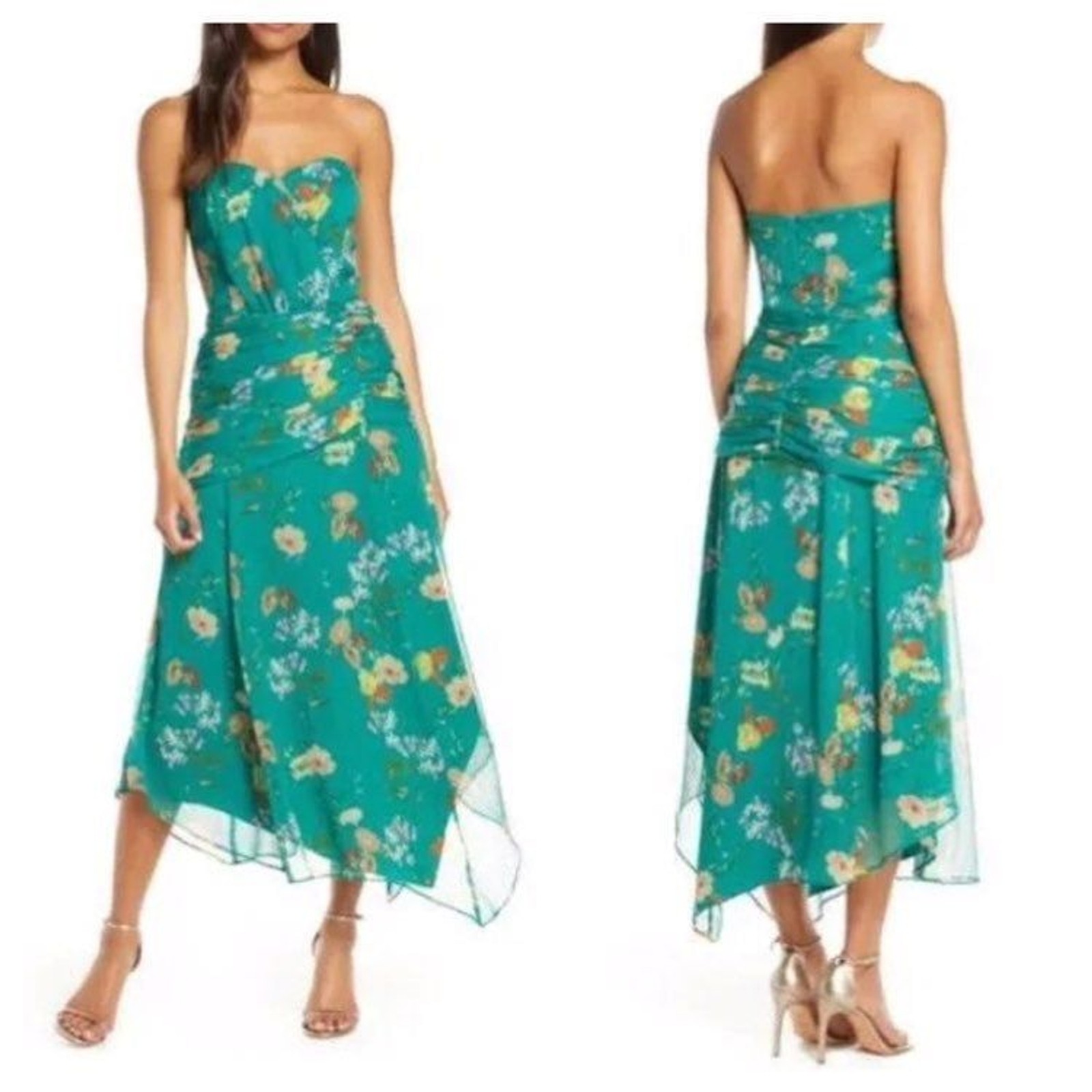 Harlyn Green Floral Strapless Sweetheart Drape Waist Maxi Summer Cocktail Dress