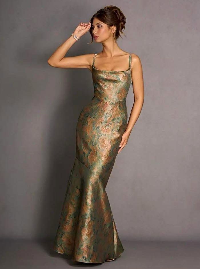 Azazie Teal Floral Mermaid Maxi Dress Formal Square Neck Lace-Up US 6