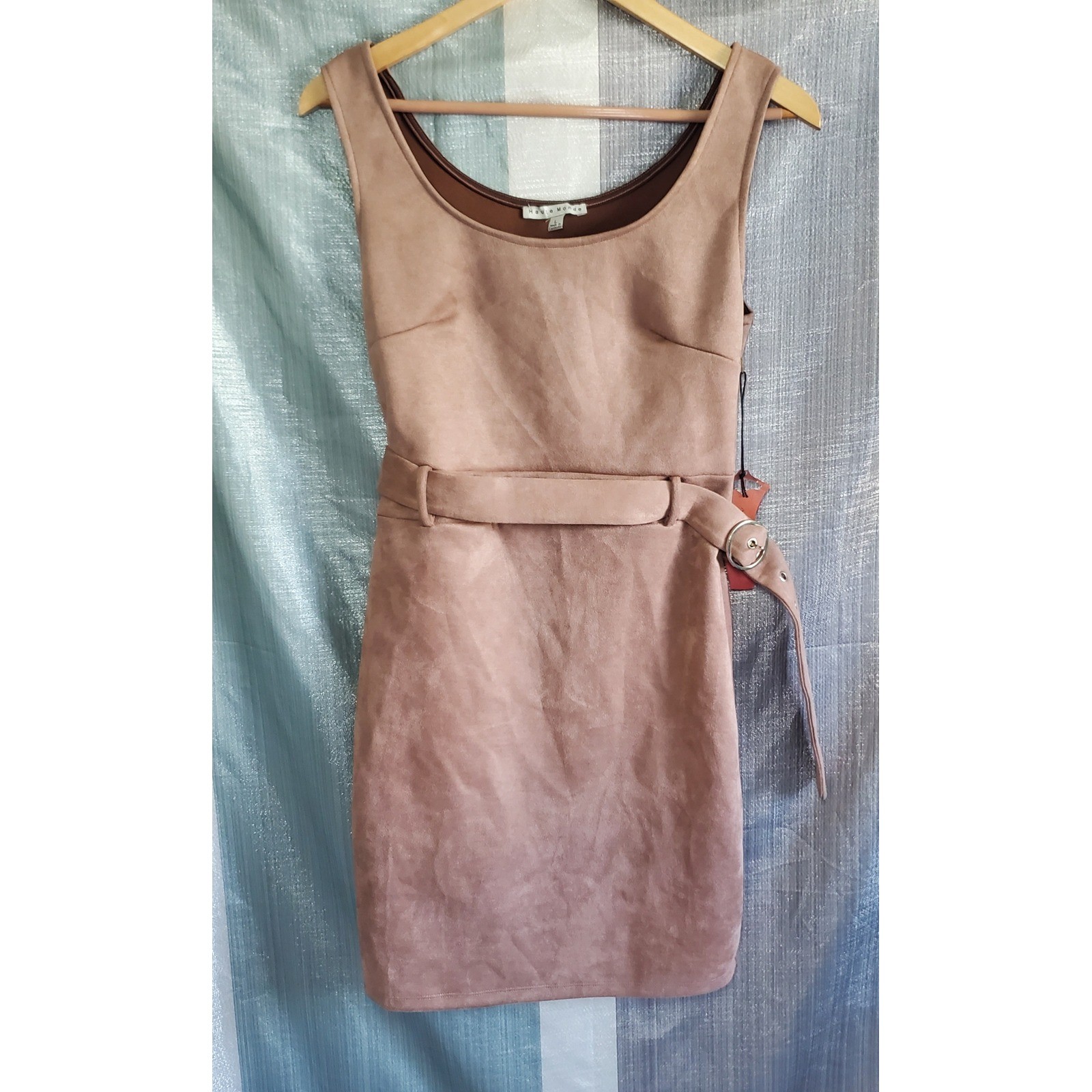 NTW NEW Haute Monde Taupe Faux Suede Belted Sheath Dress Size L