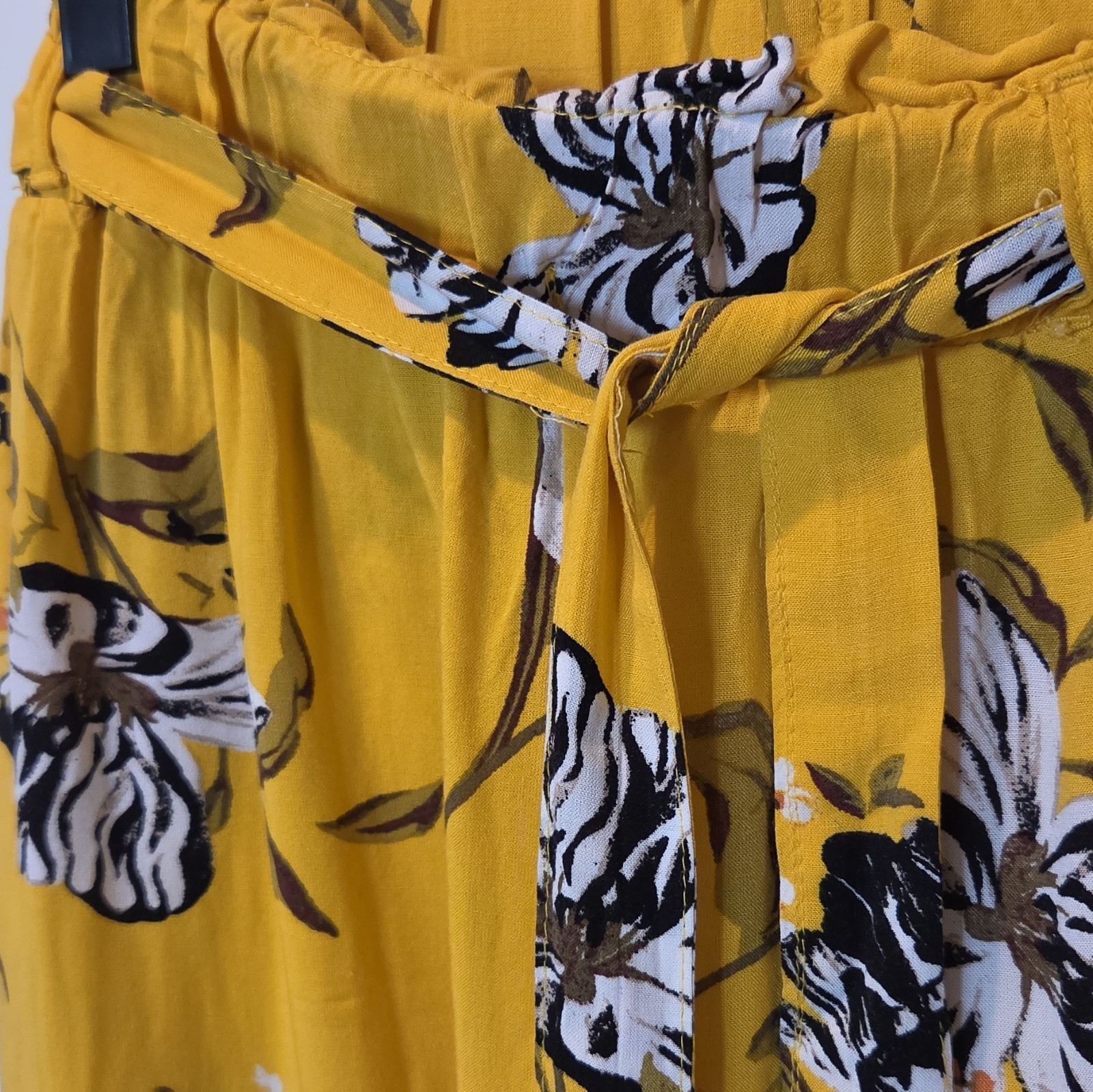 New Look Womens S Yellow Black White Floral Palazzo Pant Tie Accent G32