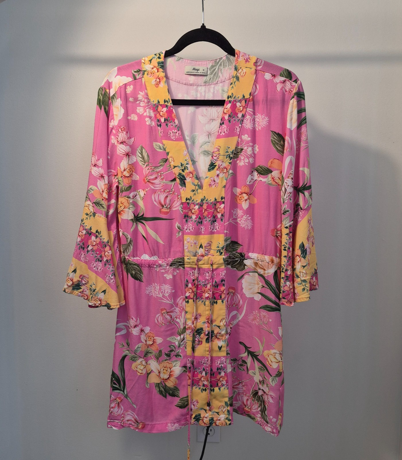 Maaji Floral Kimono Mini Dress Womens M Pink Yellow Beach Cover Up Boho