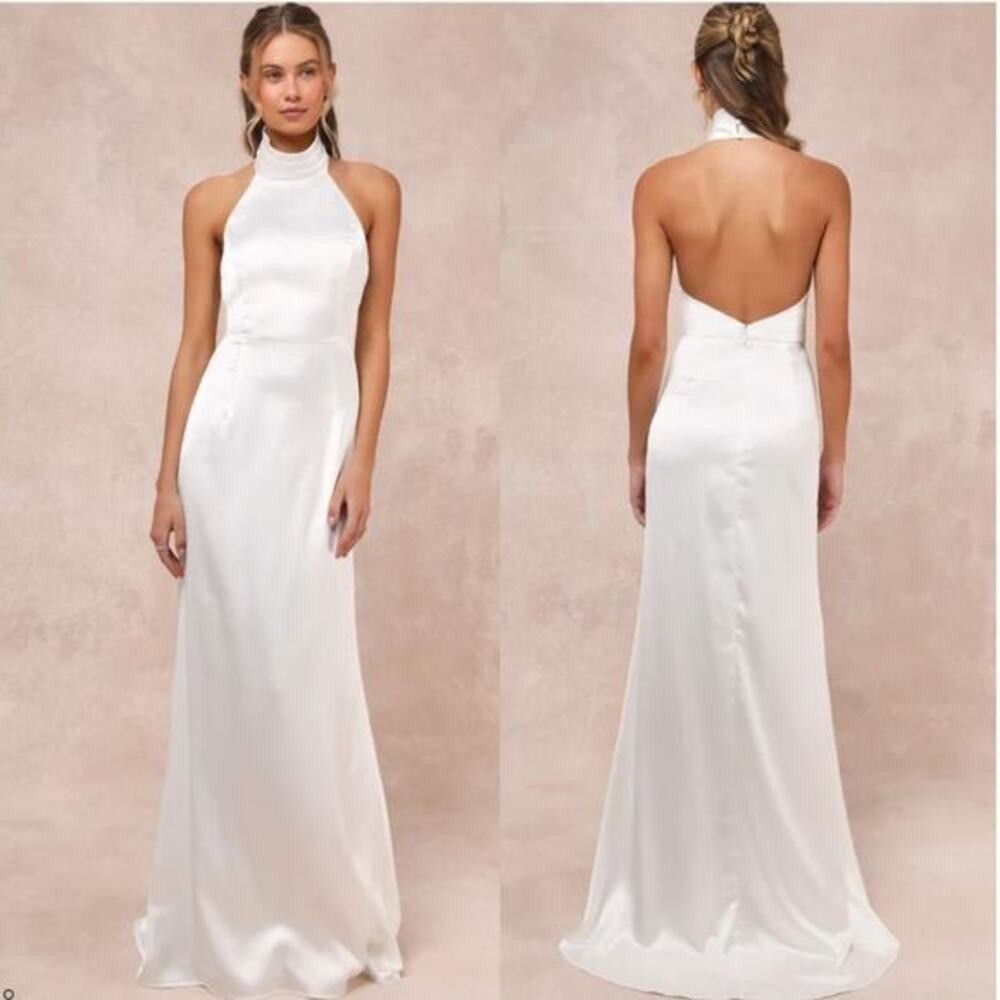 Lulus Women’s Luxe Destiny White Satin Backless Halter Mermaid Maxi Dress XL