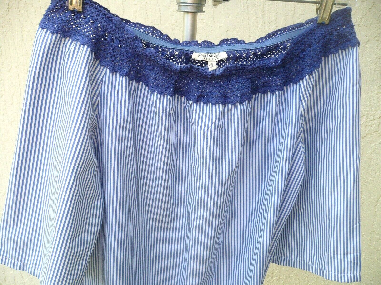 SPEED CONTROL L MU MU MUU SHIFT CROCHET OFF SHOULDER COTTON POLY CRISP DRESS