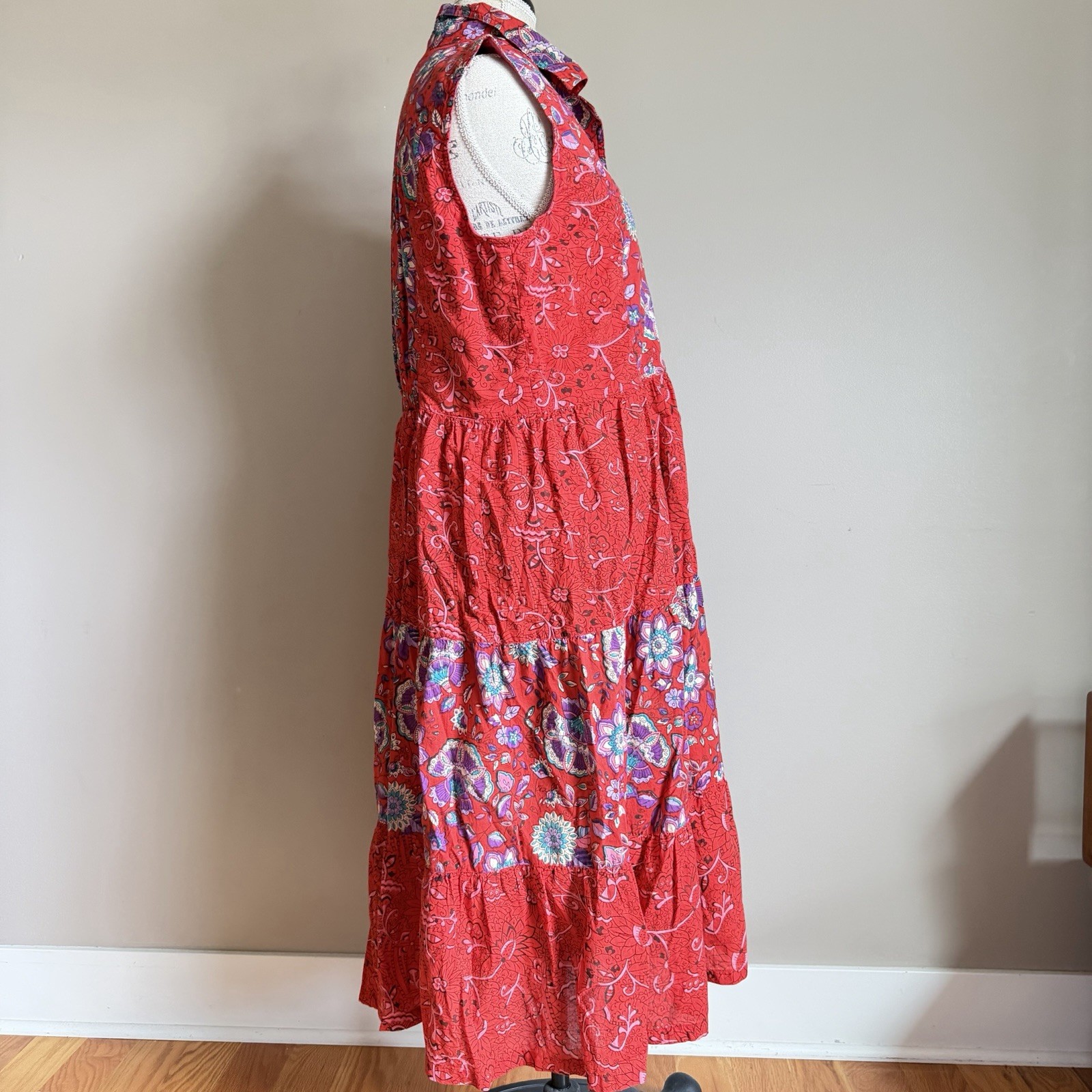 90s Red Floral Paisley Button Front Maxi Dress PL Peasant Boho Western Whimsy