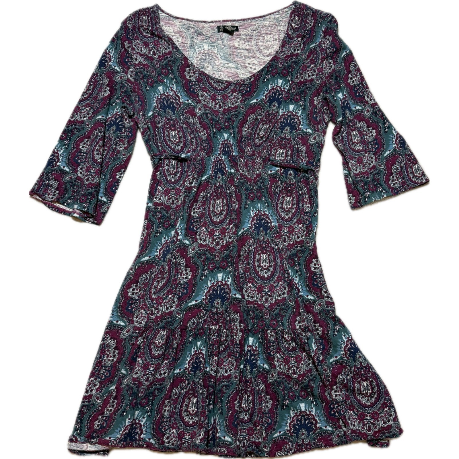 Lucky Brand Womens XL Paisley Cotton Mini Dress 3/4 Bell Sleeve Boho Plum Teal