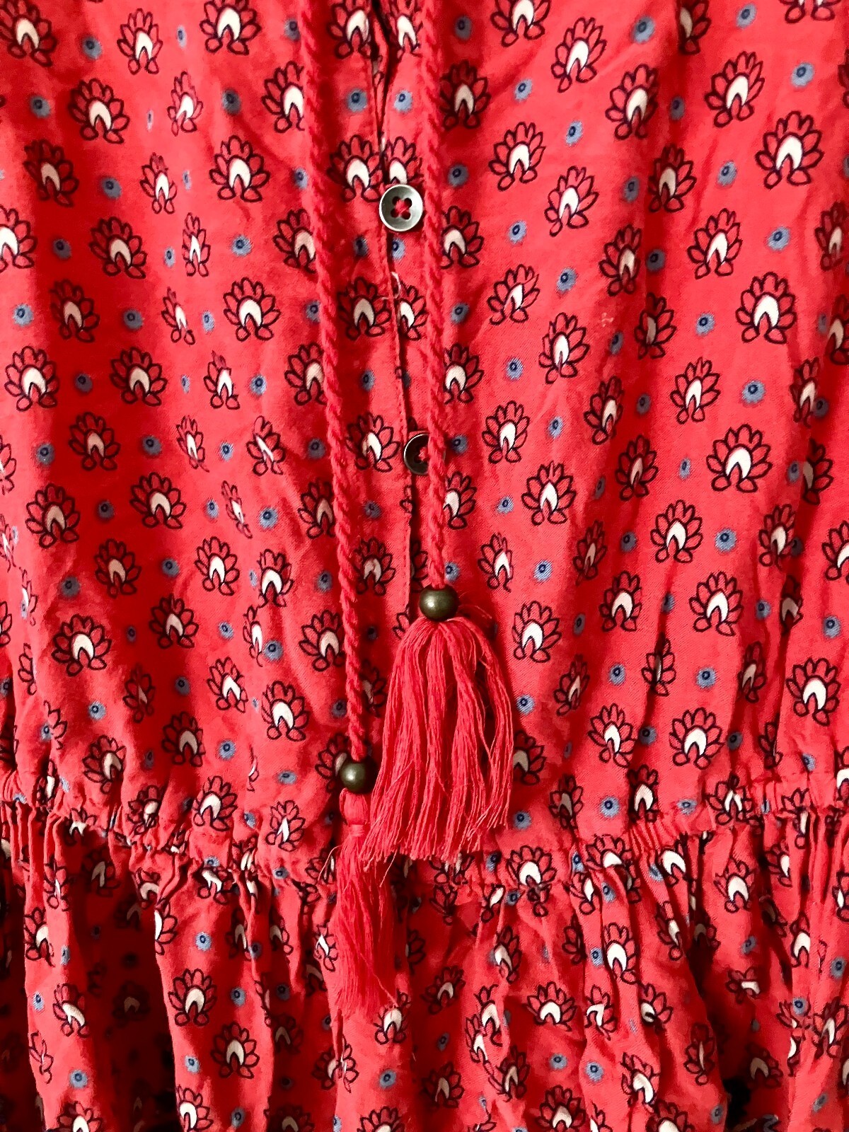 Hollister Rust Red Boho Border Print Dress Tassel Waist Long Sleeve Prairie S